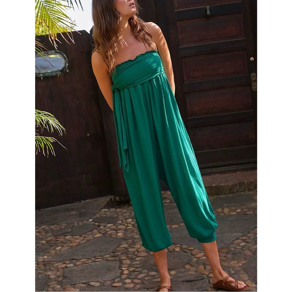 Free People Beach Linen Blend Just Like That Convertible Jumpsuit in Green Sz XS